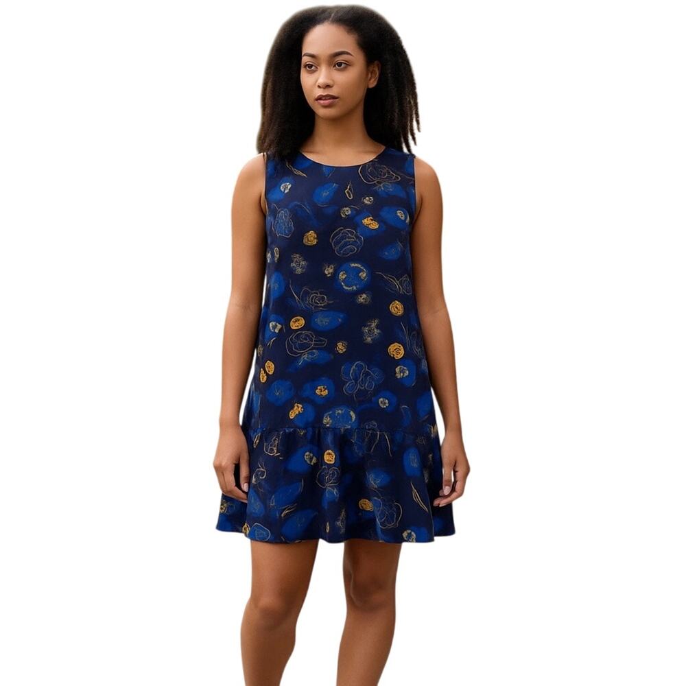 Halogen Women Floral Navy Blue Sleeveless Ruffle Buttom Dress Size M NWOT